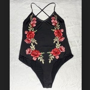 •Stella Luce black one piece bodysuit with roses•
